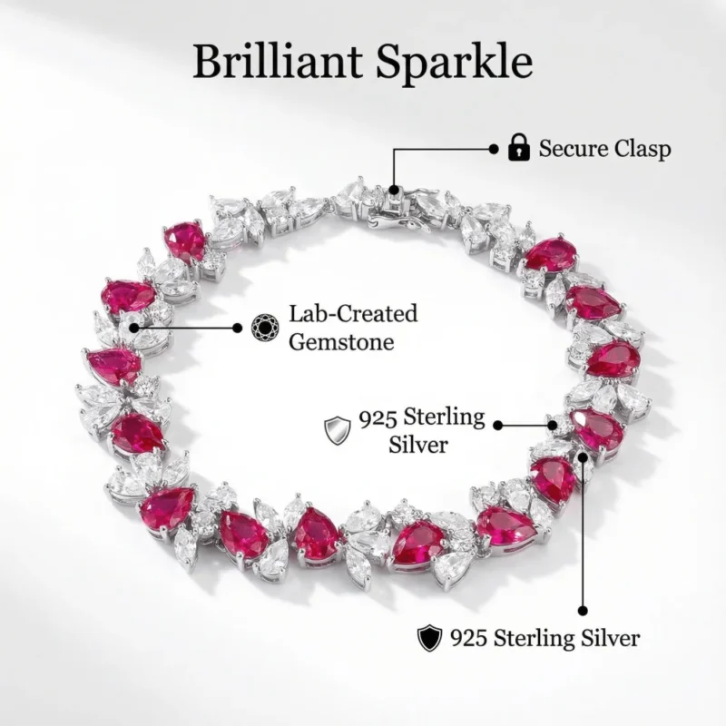 This is a light luxury 925 silver bracelet with synthetic rubies as the central stone
