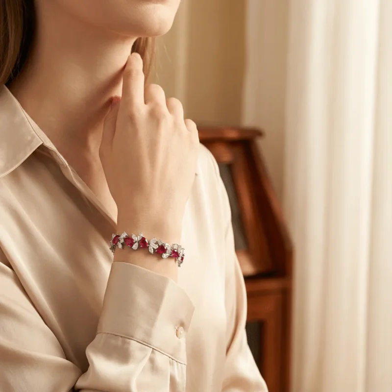 This is a light luxury 925 silver bracelet with synthetic rubies as the central stone