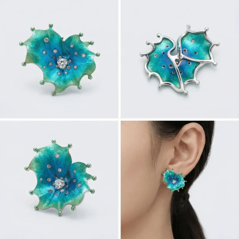 Enamel Colored Gemstone Jewelry Set Inspired by Marine Life/Abstract Floral Patterns